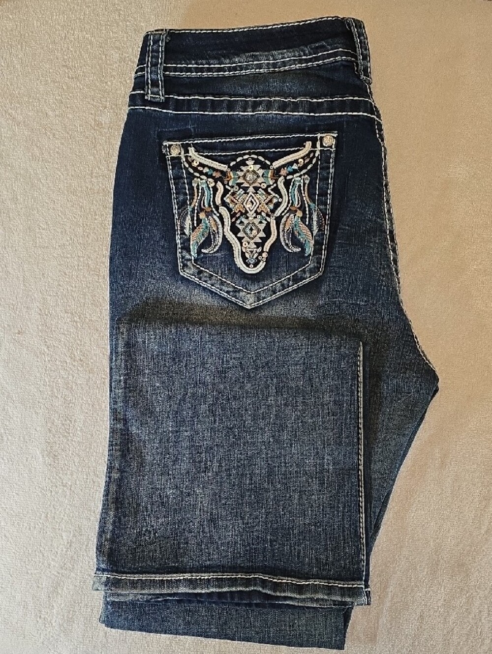 Grace in LA Western Steerhead Feather Embroidered Bootcut Jeans 31 - Picture 2 of 7